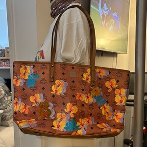 MCM Brown Tote with Vibrant Floral Design